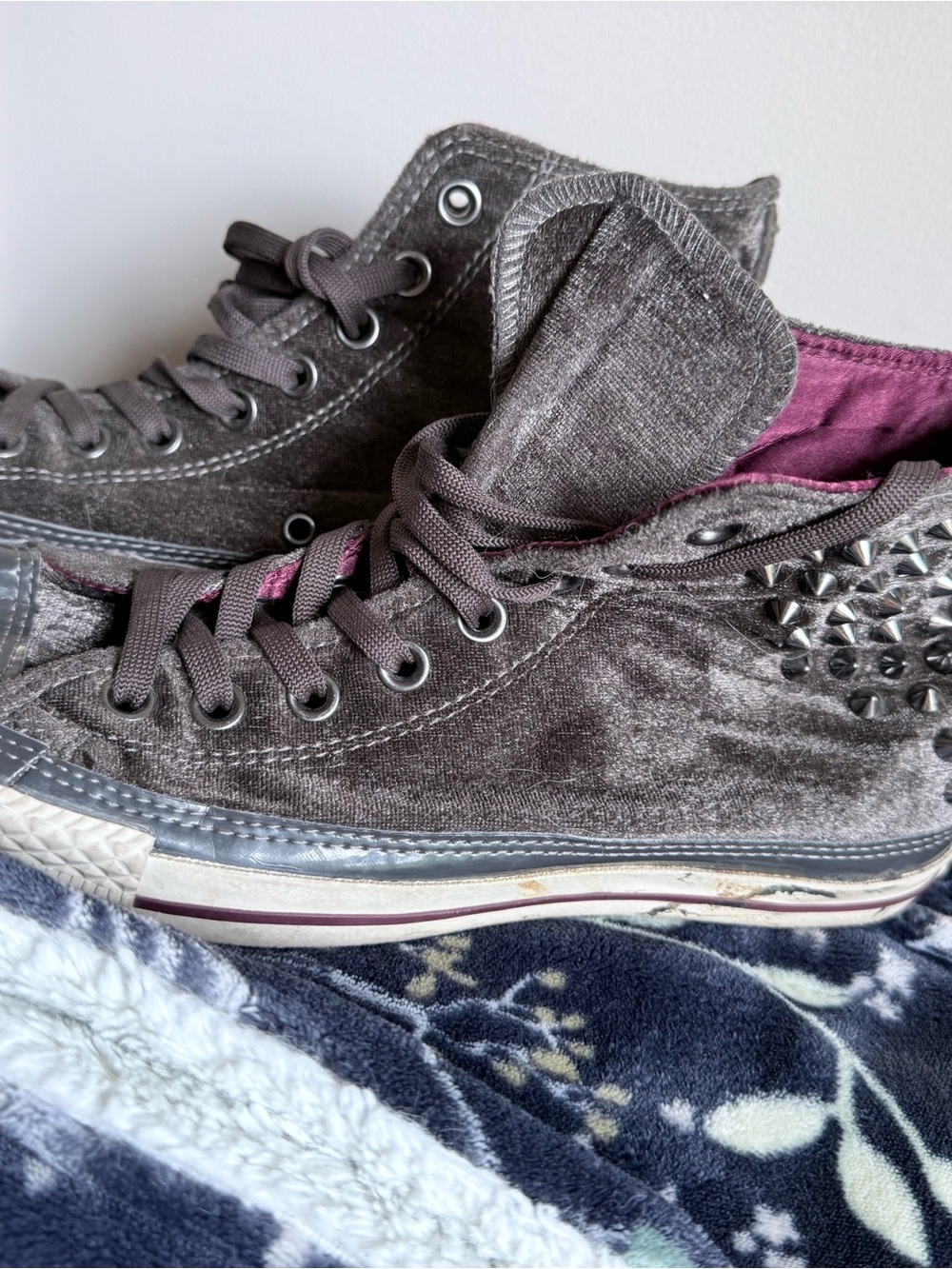Converse High-Top Velvet Sneakers in Charcoal with Studs